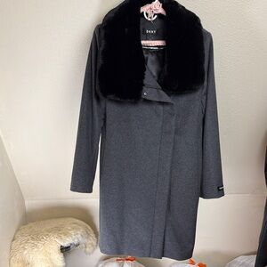 DKNY Wool/Polyester Long Coat With Faux Fur Collar